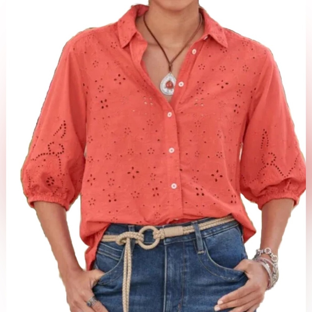 Women's Coral Eyelet Button-Up Shirt